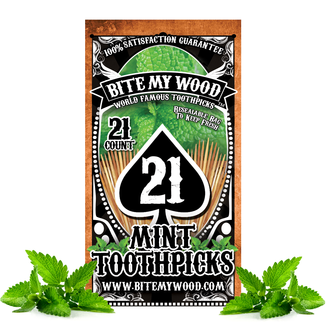BiteMyWood Flavored Birchwood Toothpicks in Plastic Reusable Bag 21 qty 5 Flavors To Choose From