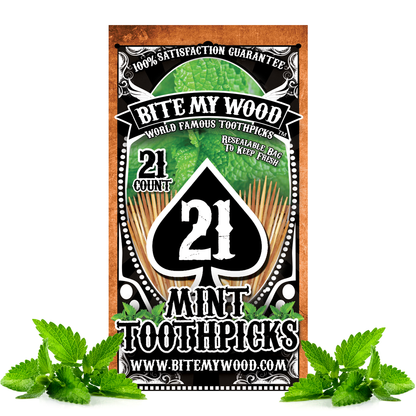 BiteMyWood Flavored Birchwood Toothpicks in Plastic Reusable Bag 21 qty 5 Flavors To Choose From