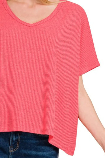 Zenana Ribbed V-Neck Short-Sleeve Knit Top