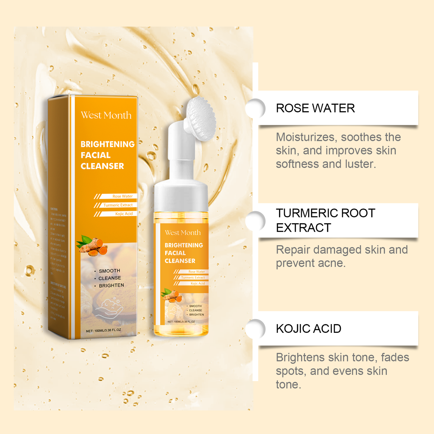 West Month Turmeric Cleanser Gently Cleanses Facial Skin, Moisturizes And Beauty Skin Refreshing, Clean And Not Tight