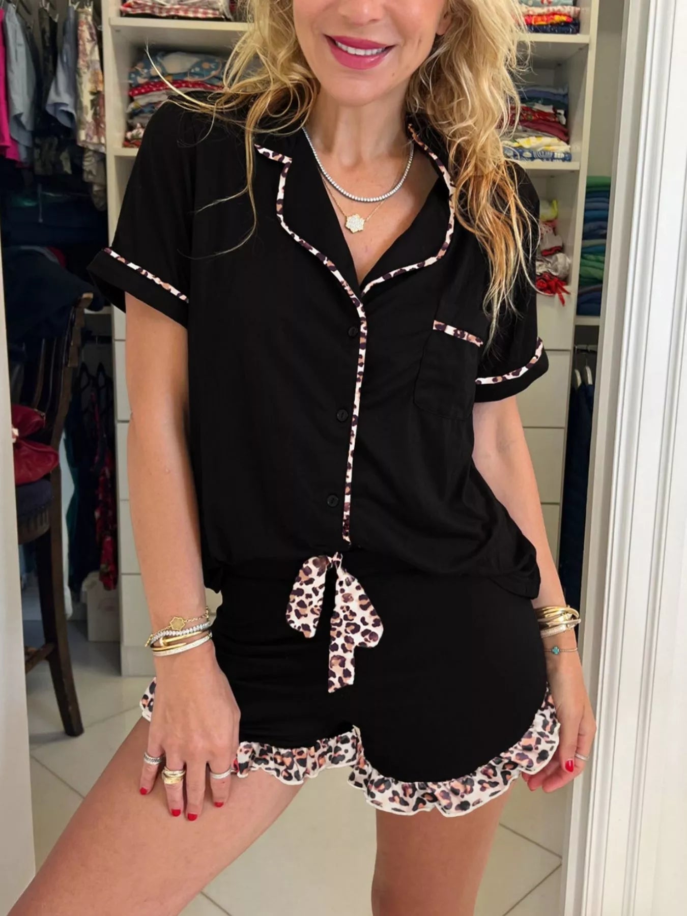 k Leopard Patchwork Trim Lapel Shirt Drawstring Shorts 2pcs Pajama Set