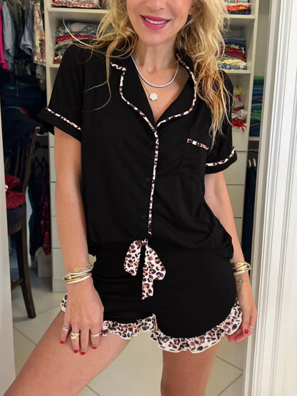 k Leopard Patchwork Trim Lapel Shirt Drawstring Shorts 2pcs Pajama Set