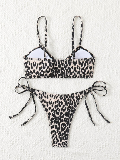 Women's Leopard Print Bralette Bikini Set, Crisscross Cutout Top & Tie Side High Cut Bottom, 2 Piece Swimsuit