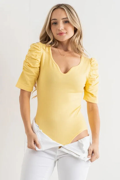 And The Why Shirring Puff Sleeve Bodysuit
