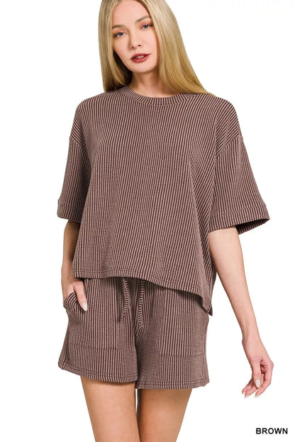 Zenana Raised Rib Short Sleeve Tee and Drawstring Shorts Set