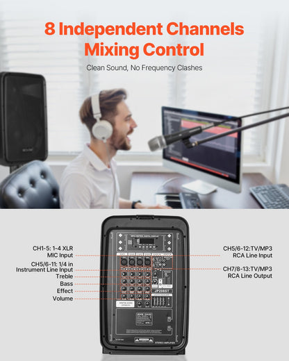 2 X 8 In Speakers Portable PA System 300W Mixer Bluetooth Mic For DJ Party