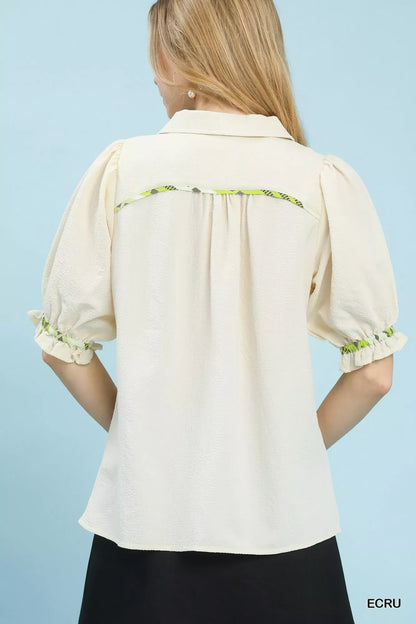 Umgee Scalloped Trim Blouse with Puff Sleeves
