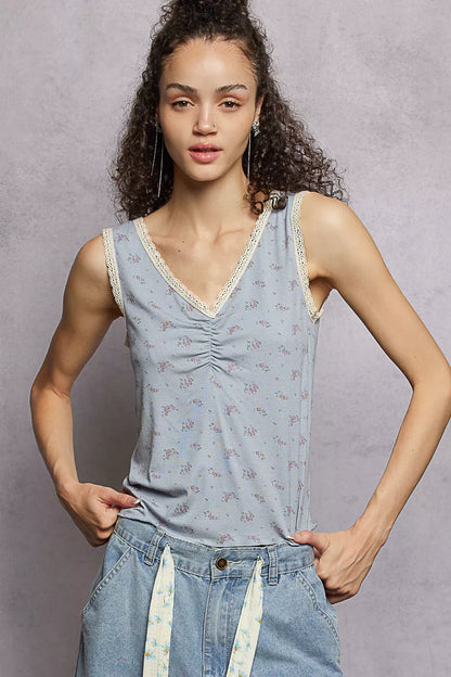 POL Ruched Floral V-Neck Tank with Lace Detail