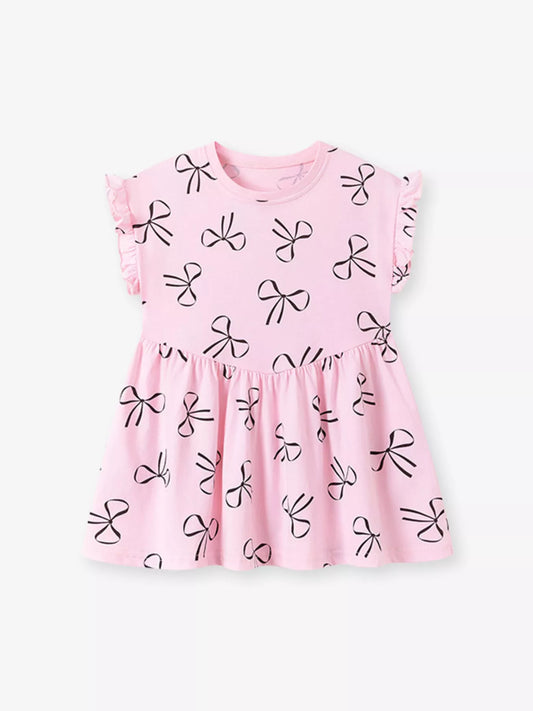 Children's Bow-Print Ruffle Sleeve Casual Dress