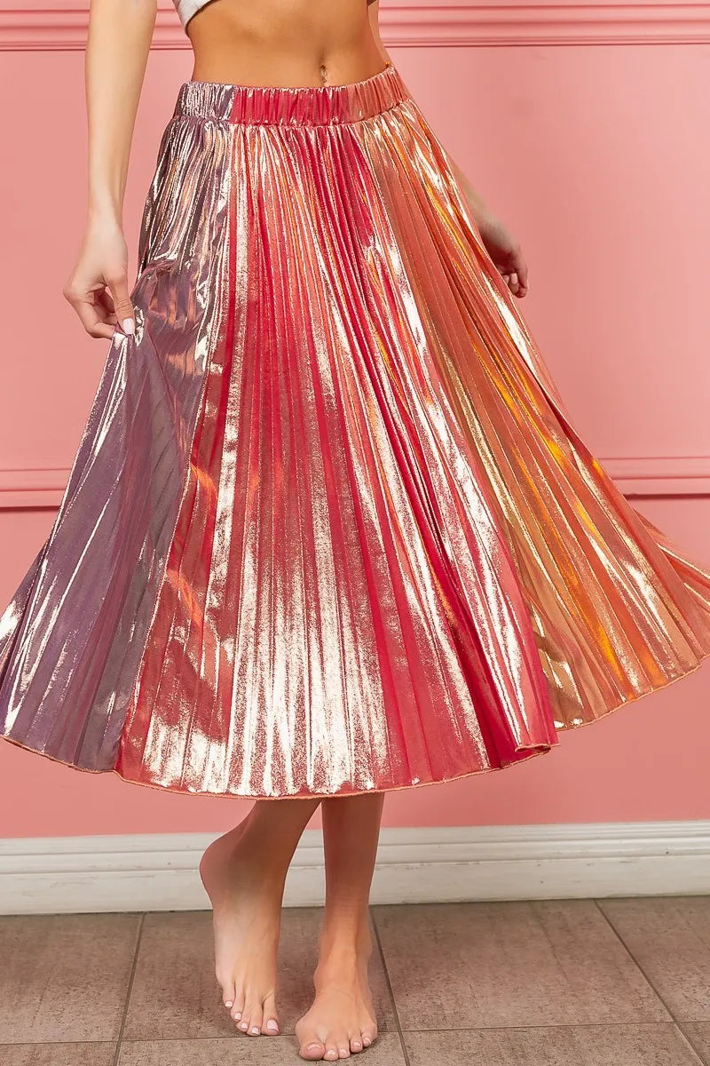 BiBi Metallic Color Block Pleats Midi Skirt