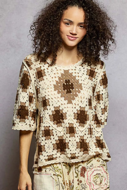 POL Round Neck Short Sleeve Color Pattern Crochet Top with Border Accents
