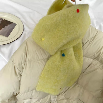Heart-Embellished Fuzzy Knit Scarf