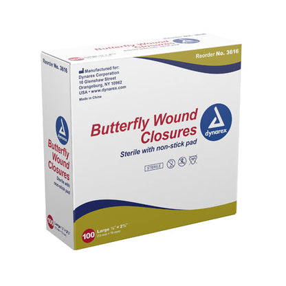 Sterile Butterfly Wound Closure Bandages 1/2 x 2-3/4, Latex-Free, Bx/100