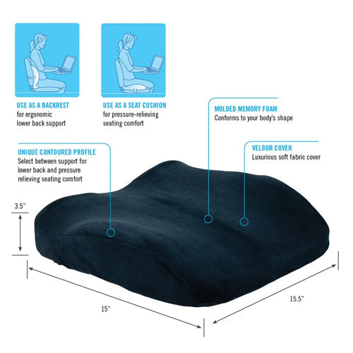 ObusForme 2-in-1 Sit-Back Cushion – Convertible Lumbar & Seat Support, Contoured Memory-Foam Relief, Portable for Office, Car & Home (Black)