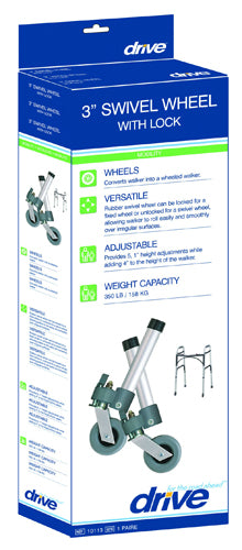 3" Swivel/Fixed Walker Wheels with Lock, Rear Glides, 350 lbs Capacity (Pair)