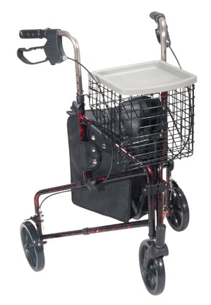 Flame Red 3-Wheel Rollator Walker with Basket, Pouch, Adjustable Handles - 300 lb Capacity
