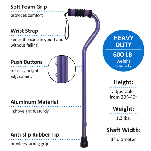 Bariatric Aluminum Cane, 600 lb Capacity, Purple, Lightweight, Adjustable Height
