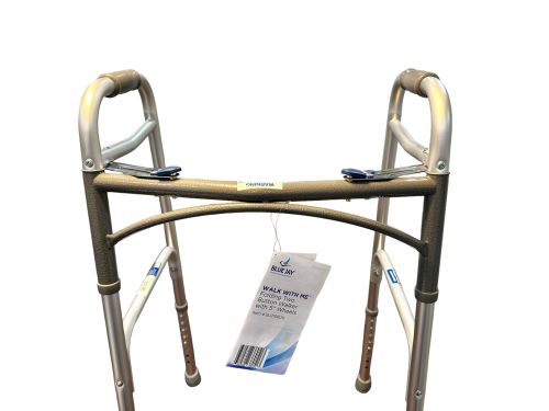 WALK WITH ME Folding Aluminum 2-Button Walker with 5" Wheels - 350 lb Capacity