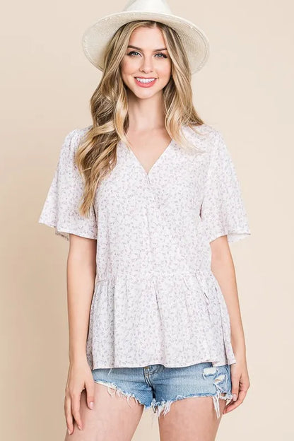 Lime 'N' Chili Ditsy Print V-Neck Short Sleeve Wrap Blouse