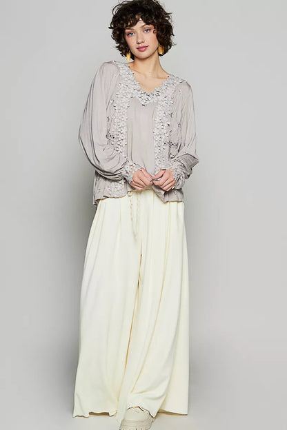 POL Floral Embroidery Woven Top with Lace Trim