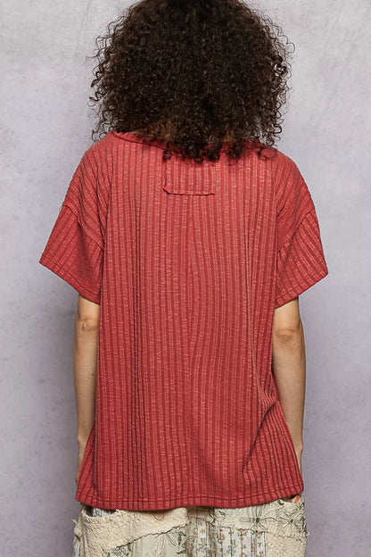 POL Ribbed Knit V-Neck Short Sleeve T-Shirt with Side Slit