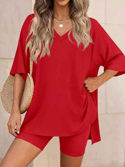 Full Size Casual Loose V-Neck T-Shirt & Shorts Set Plus Size