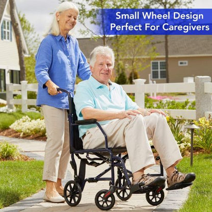 Carex Transport Chair 19" Steel Metallic Blue Folding - Lightweight, Oversized Wheels