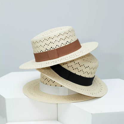 Woven Straw Boater Hat with Ribbon