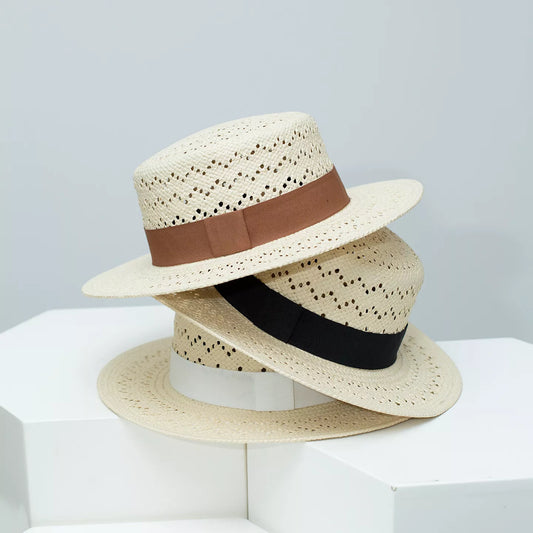 Woven Straw Boater Hat with Ribbon