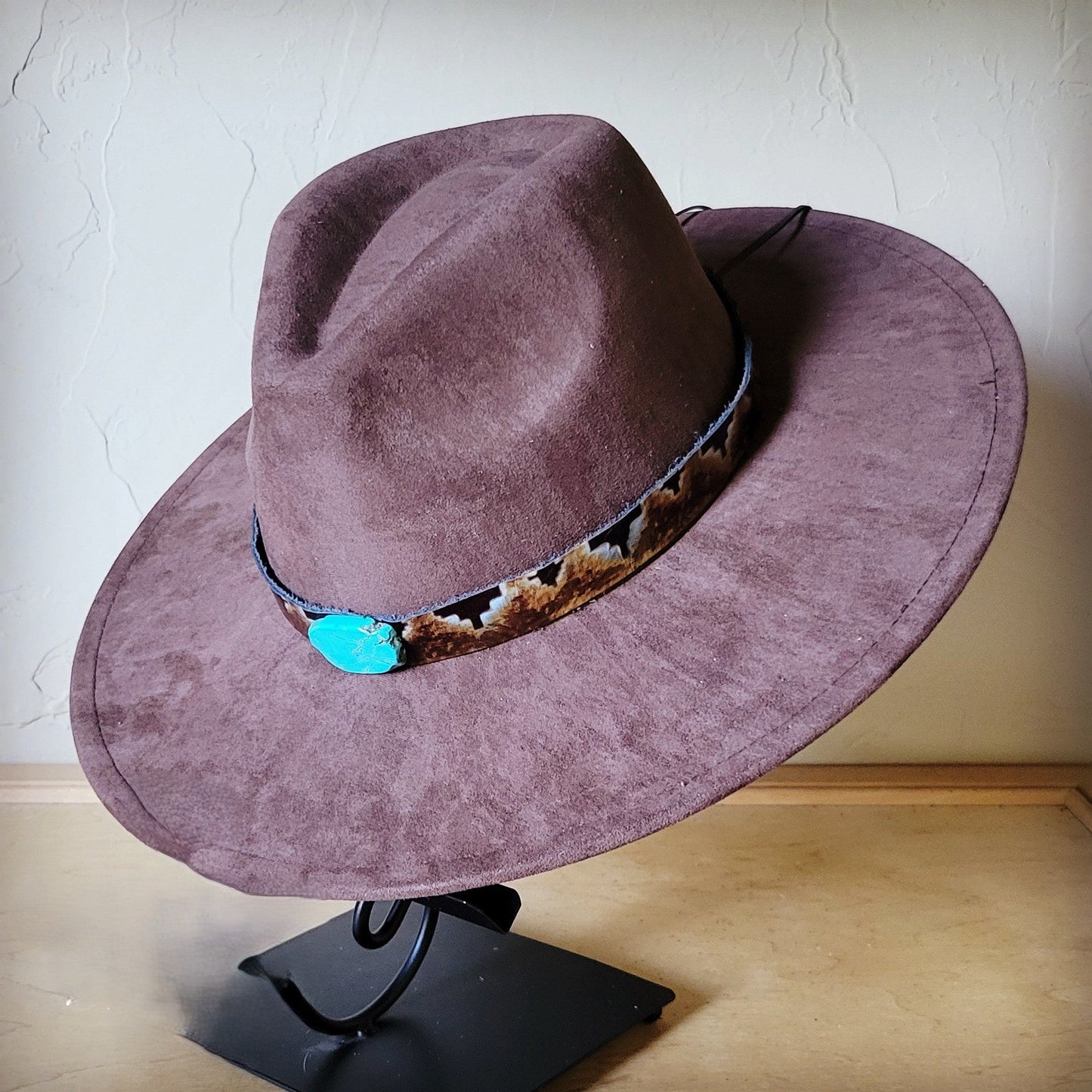 Blue Navajo Turquoise Slab Leather Band + Choice of Boho Hat 985p