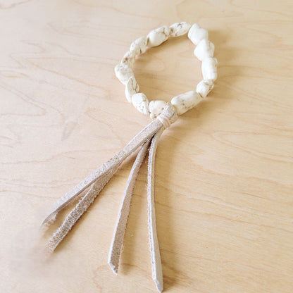 **White Turquoise Beaded Bracelet w/ Leather Tassel 810i