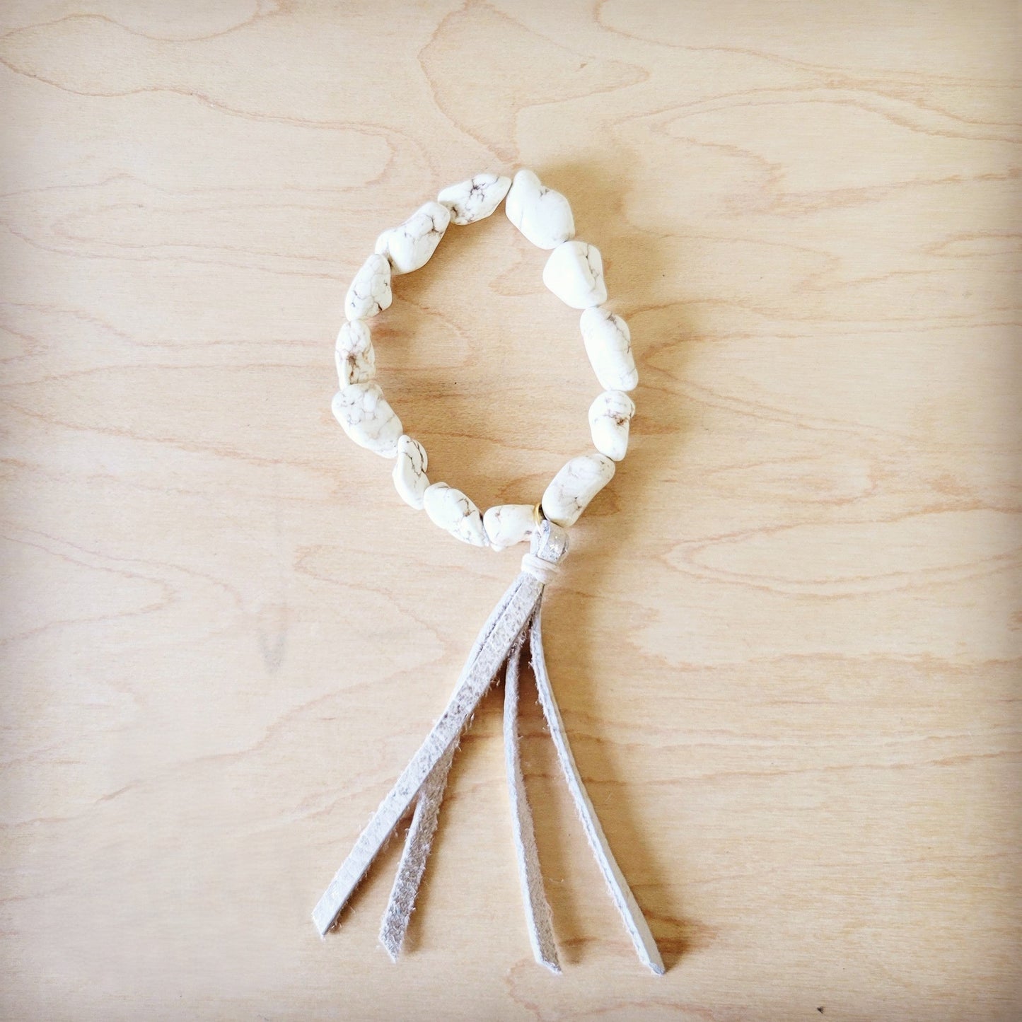 **White Turquoise Beaded Bracelet w/ Leather Tassel 810i