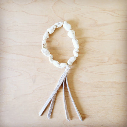 **White Turquoise Beaded Bracelet w/ Leather Tassel 810i