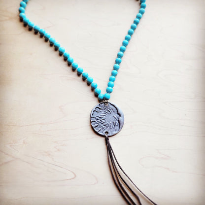 **Long Turquoise Beaded Necklace w/ Indian Pendant 258ka