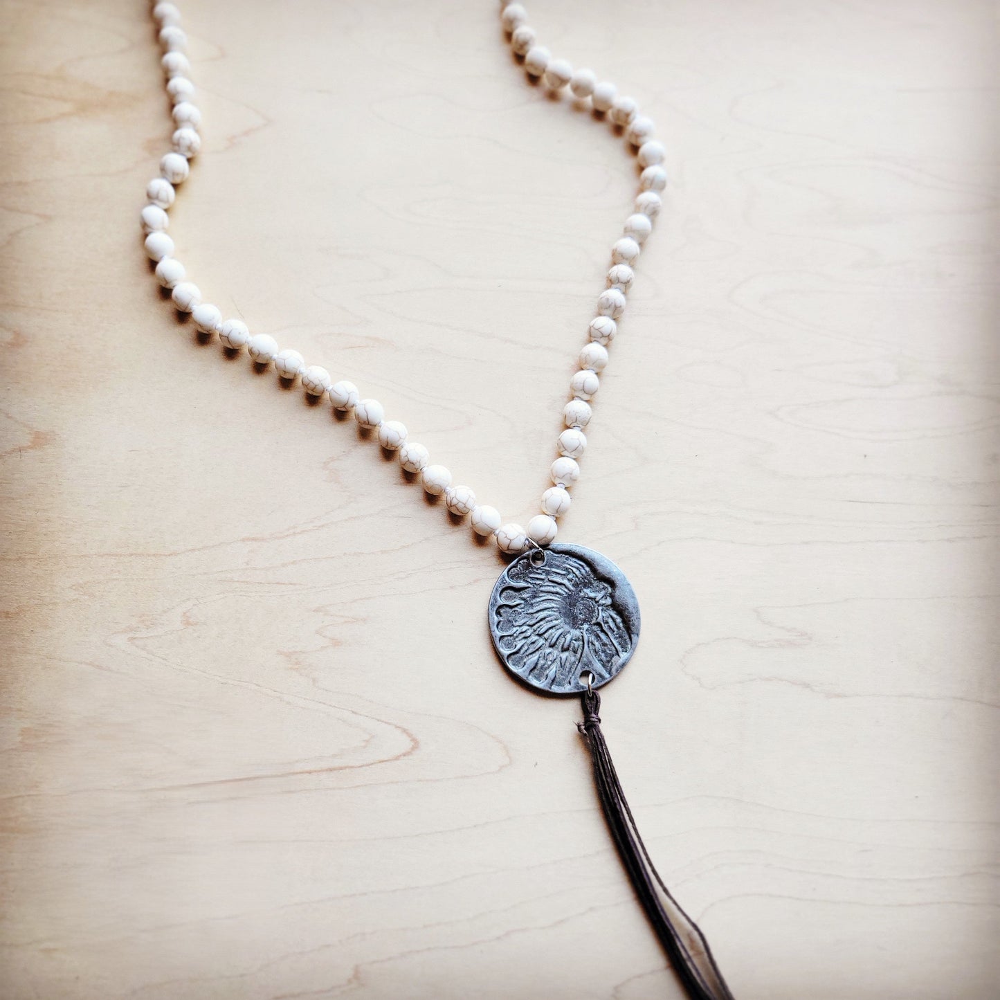 **Long Turquoise Beaded Necklace w/ Indian Pendant 258ka