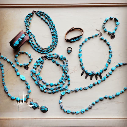 Large Triple Strand Blue Turquoise & Copper Collar Necklace 259d
