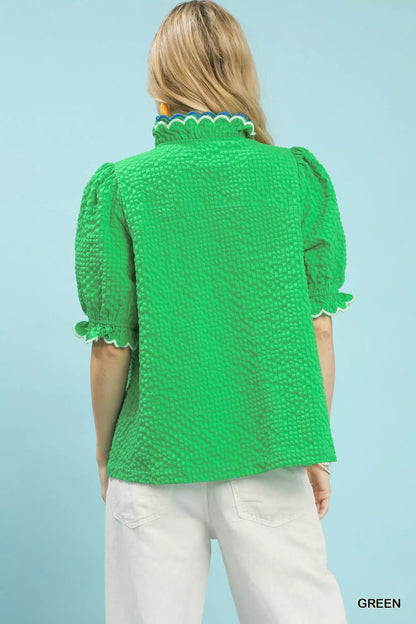 Umgee Textured Puff Sleeve Top with Scalloped Trim