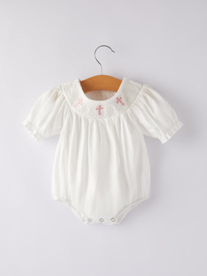 White  Smocked Church Christ Bishop Christening Girls Romper