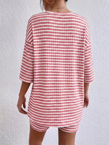 Striped Round Neck Top and Shorts Set