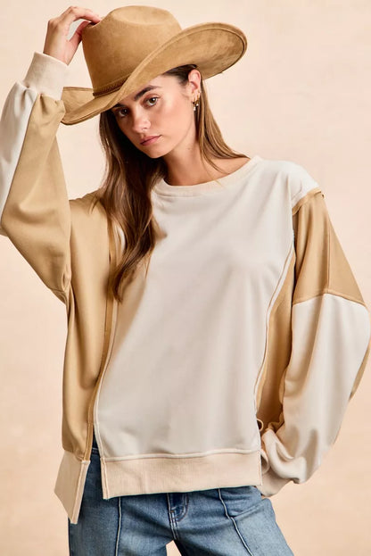 BiBi French Terry Color Block Top With Open Seam Detail
