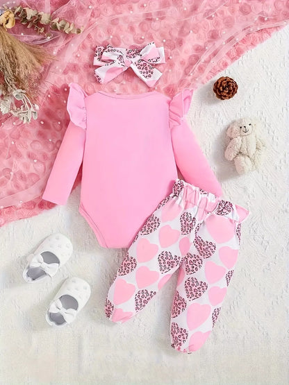Children's Graphic Ruffled Top and Pants Set with Headband