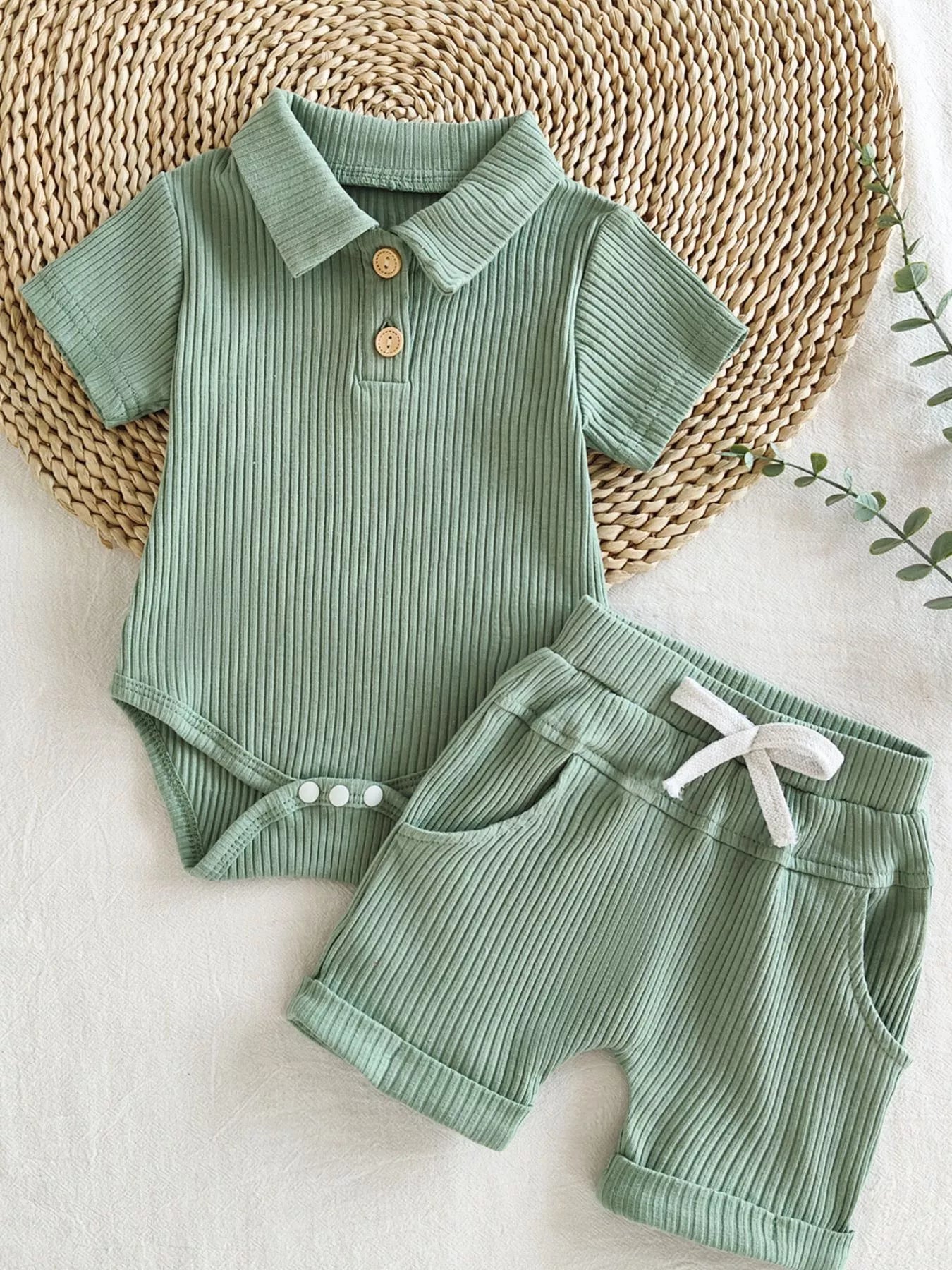 Children's Ribbed Knit Polo Bodysuit & Shorts Set