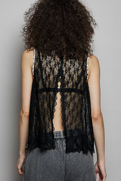 POL Printed Woven Lace Back Round Neck Sleeveless Top