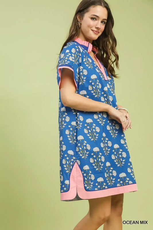 Umgee Printed Split Neck Short Sleeve Shift Dress