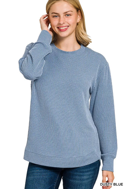 Zenana Full Size Raised Rib Round Neck Long Sleeve Top Plus Size