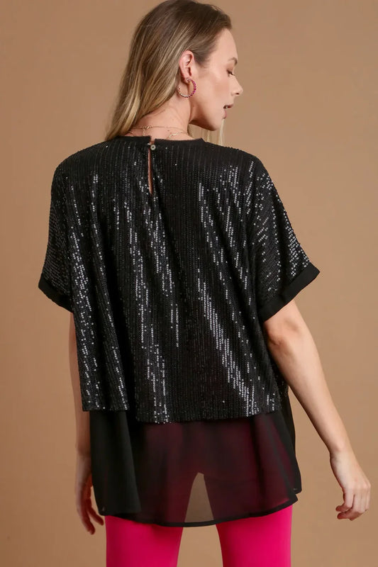 Umgee Sequin Half Sleeve Layered Blouse