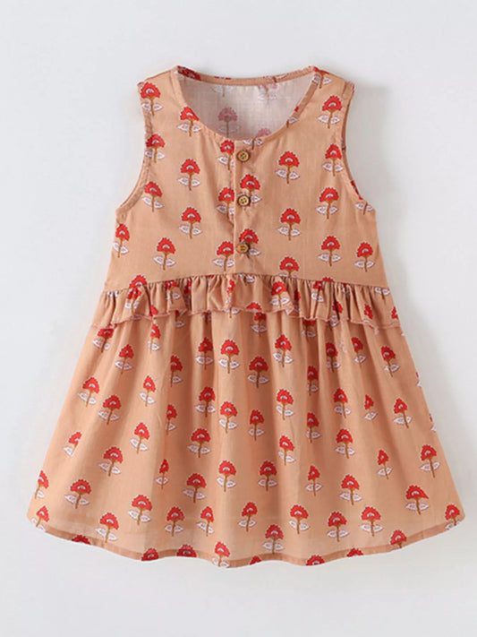 Children's Floral Print Sleeveless Ruffle Dress