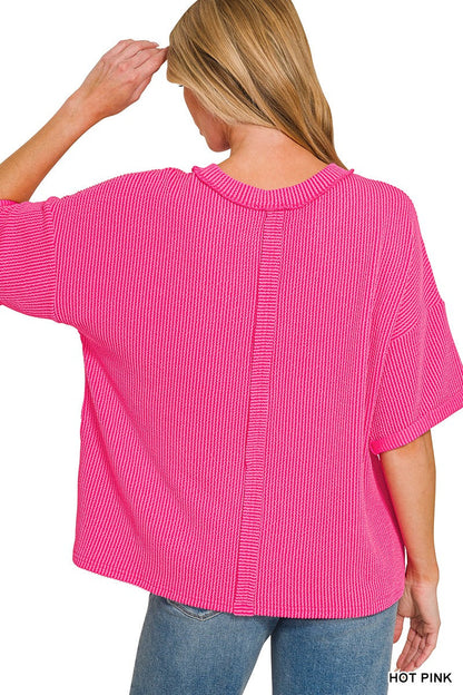 Zenana Raised Rib Short Sleeve Front Pocket Top