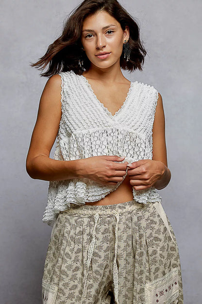 POL Textured Lace Cropped Tank with Trim Detail