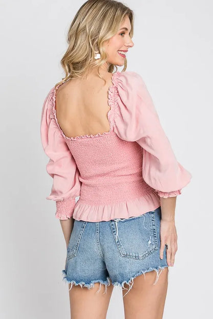 GeeGee Full Size Ruffled Smocked Frill Square Neck Top Plus Size